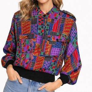 Vintage Adam Douglass Women’s Silk Blouse Colorful Print 90s Retro Size M